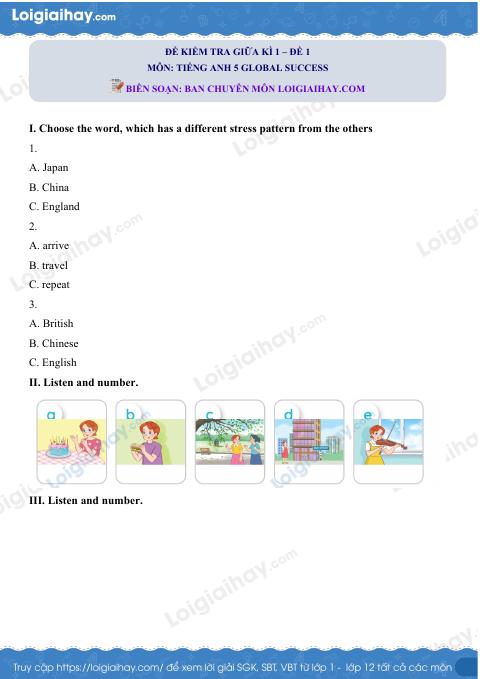 Đề thi giữa kì 1 Tiếng Anh 5 Global Success - Đề số 1
